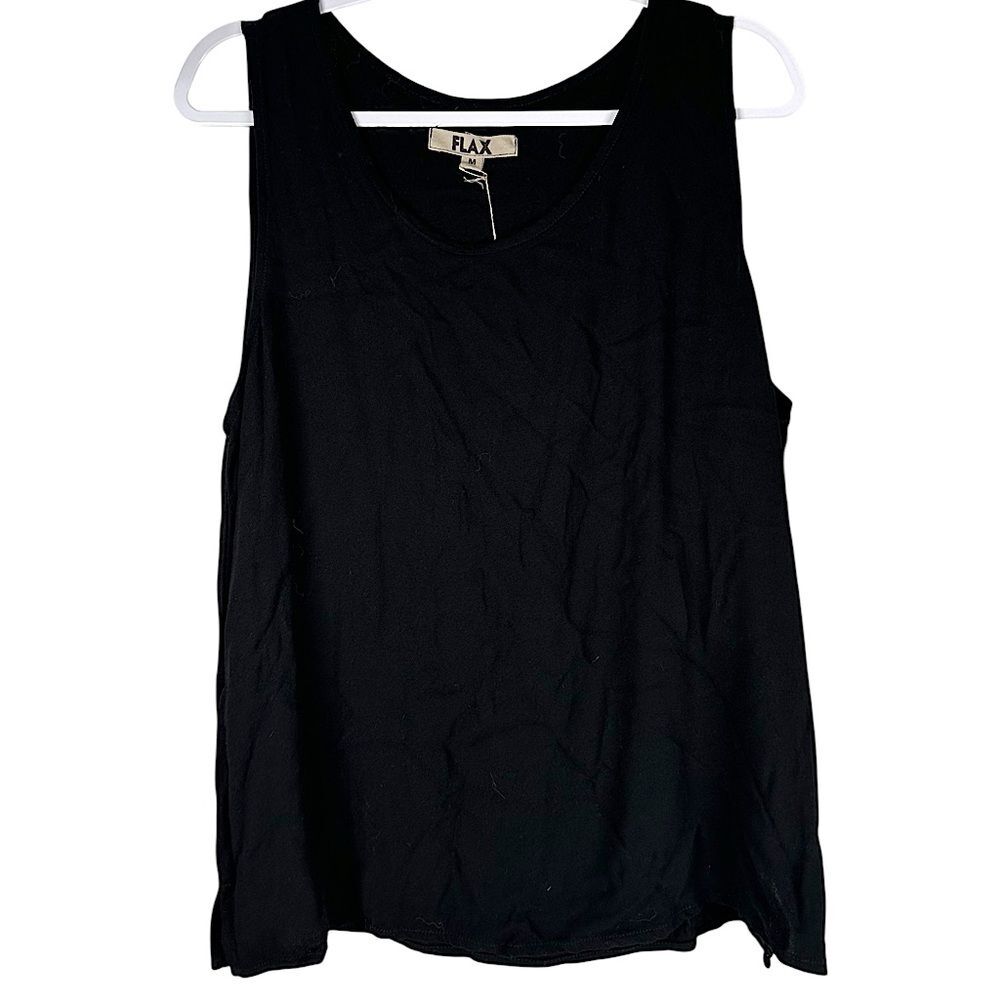 Flax Rayon Solid Black Sleeveless Scoop Neck Minimalist Tank Top Size Medium